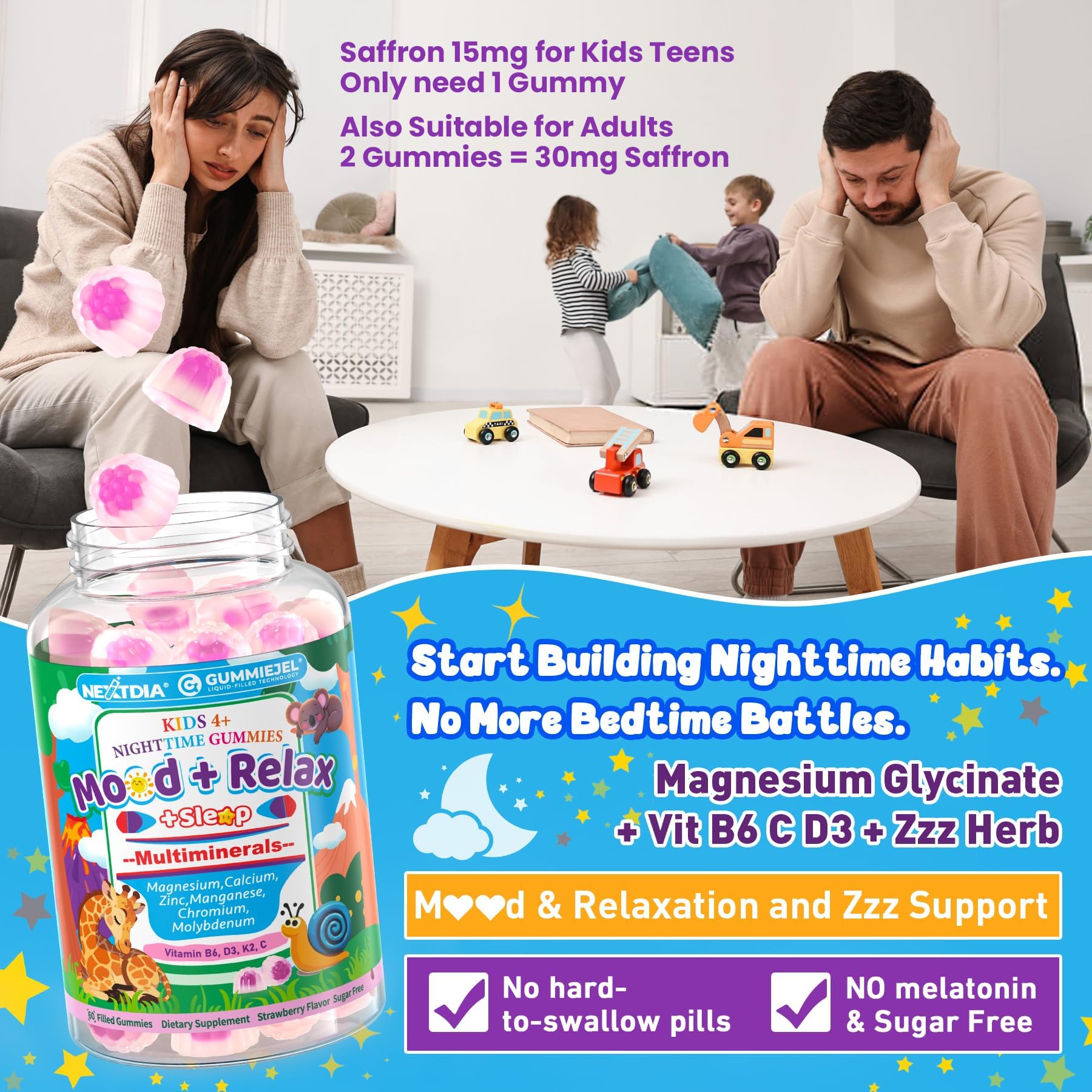 Nextdia Kids Sleep Gummies pack closeup highlighting delicious fruit flavor