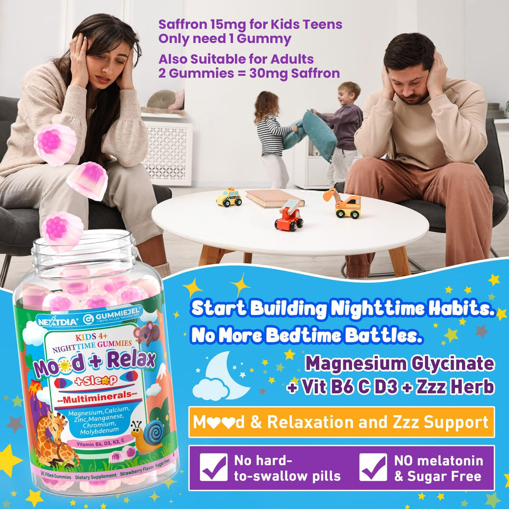 Nextdia Kids Sleep Gummies pack closeup highlighting delicious fruit flavor