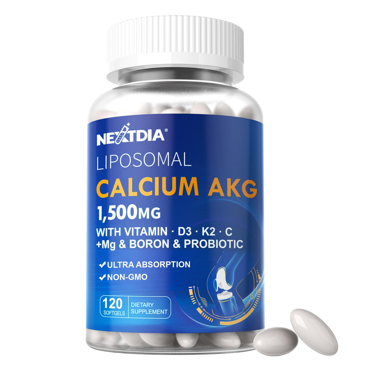 Nextdia liposomal calcium akg softgel bottle highlighting bone support potential.