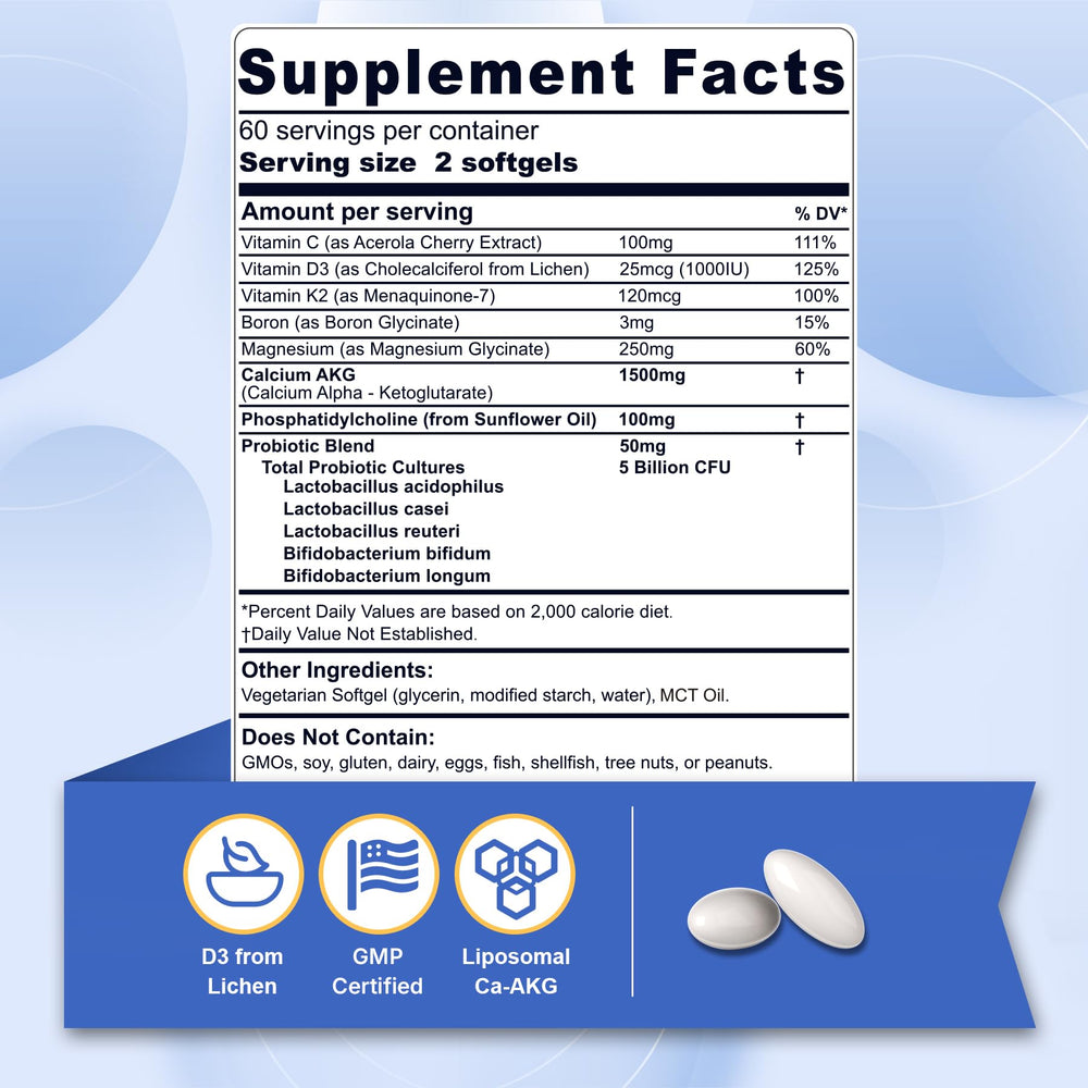 Nextdia liposomal calcium akg softgel close-up illustrating nutrient-dense capsules.