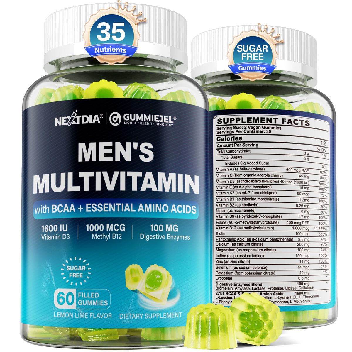 Nextdia methylated multivitamin for men gummies bottle promotes daily energy.