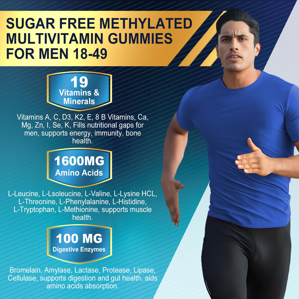 Nextdia methylated multivitamin for men gummies ingredients graphic displays BCAAs and essential amino acids.