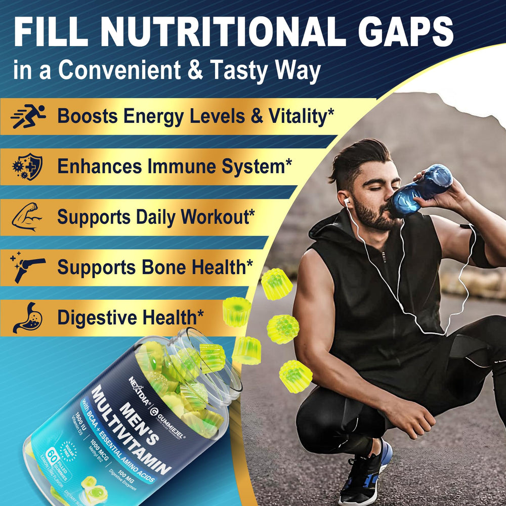 Nextdia methylated multivitamin for men gummies being poured from bottle for convenient daily ritual.