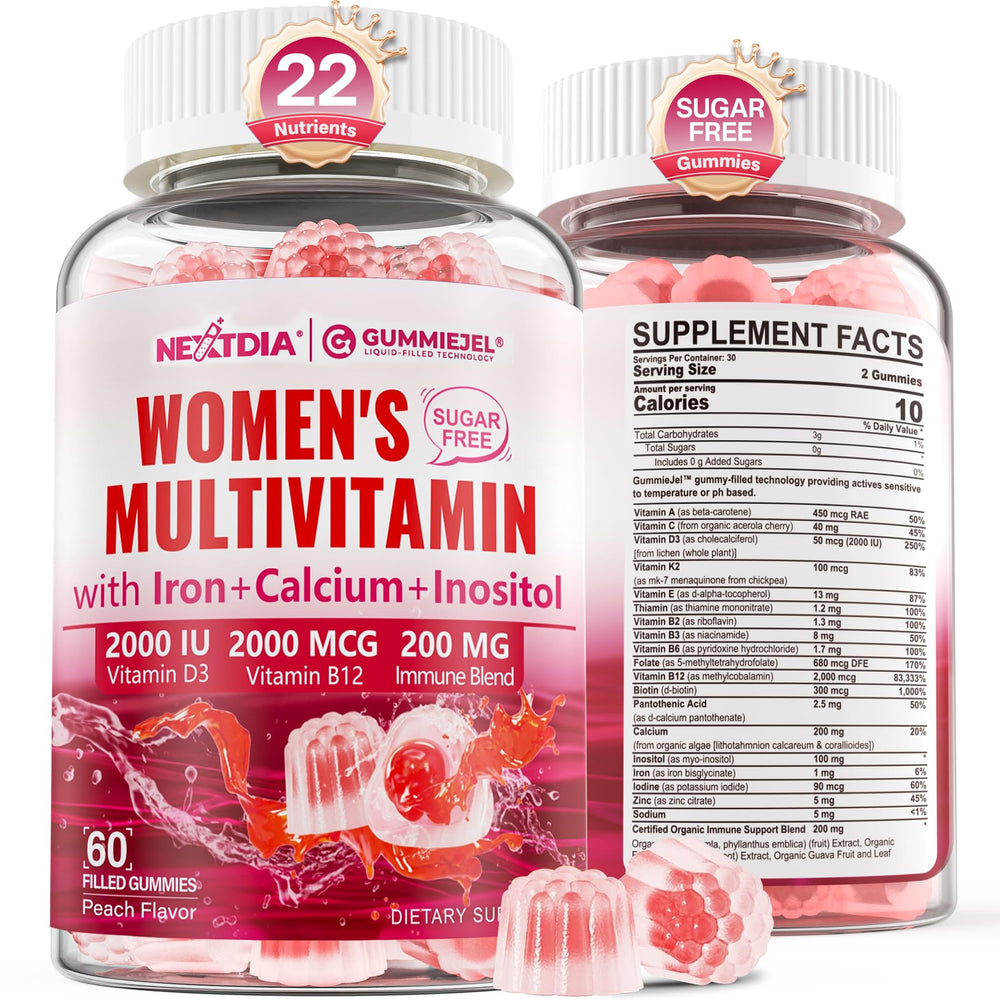 Nextdia methylated women's multivitamin gummies bottle for convenient daily wellness.