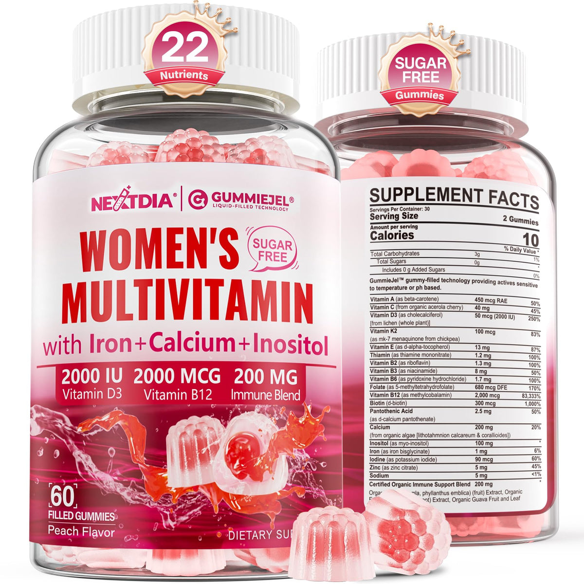 Nextdia methylated women's multivitamin gummies bottle for convenient daily wellness.