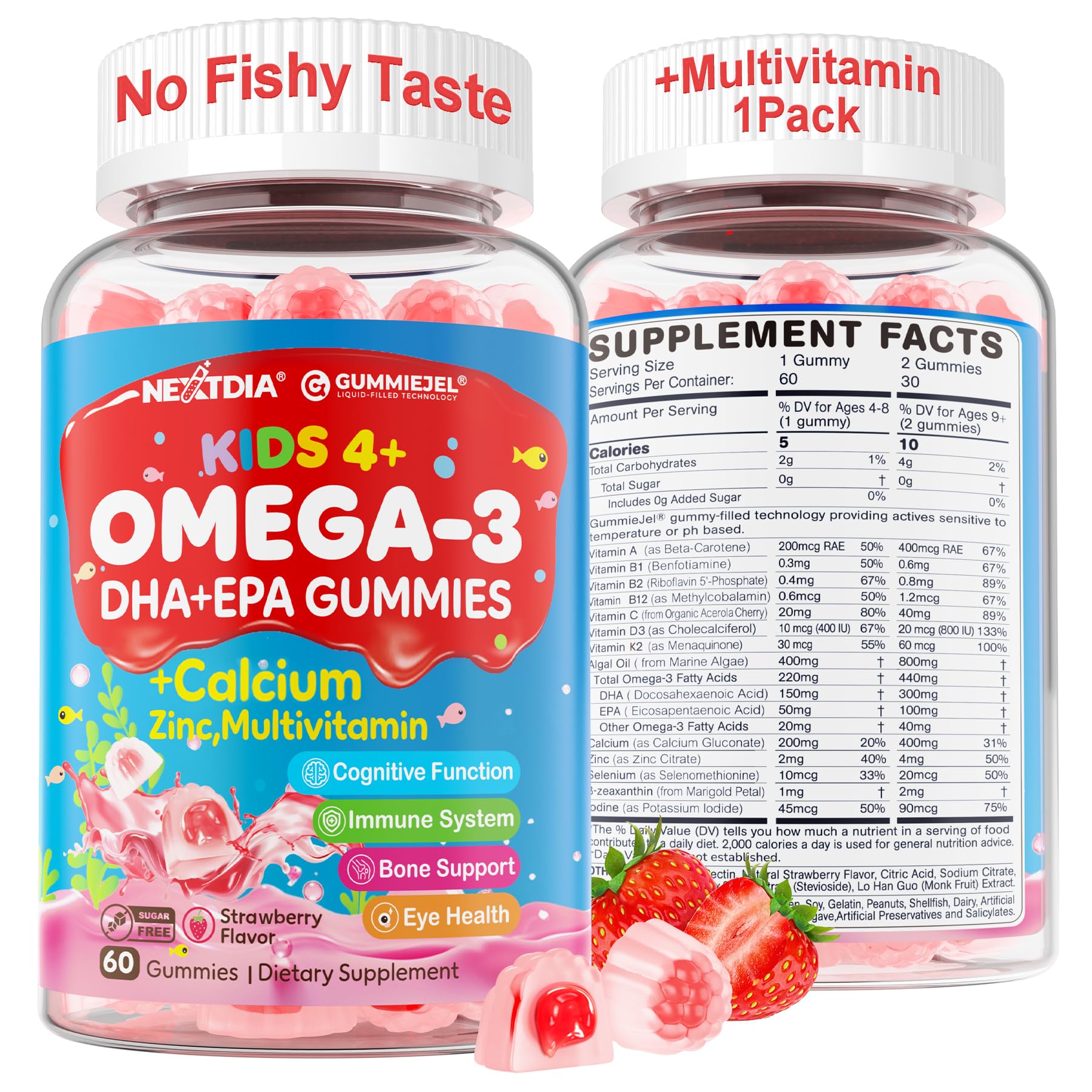 Nextdia Omega 3 Gummies bottle with kid-friendly packaging promoting growth and focus.