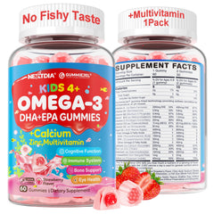 Nextdia Omega 3 Gummies bottle with kid-friendly packaging promoting growth and focus.