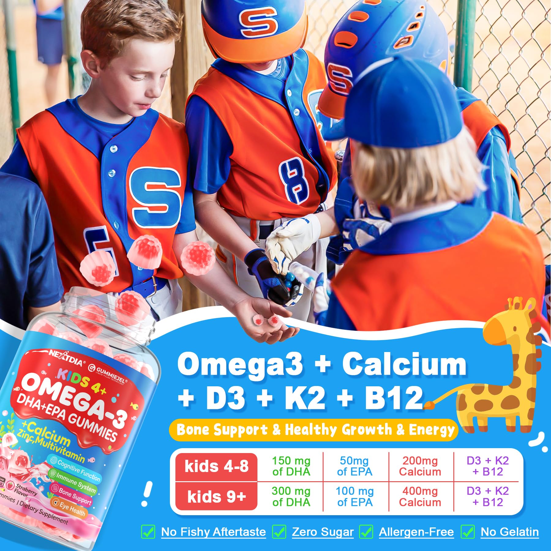 Nextdia Omega 3 no fish taste strawberry flavor appealing to kids.