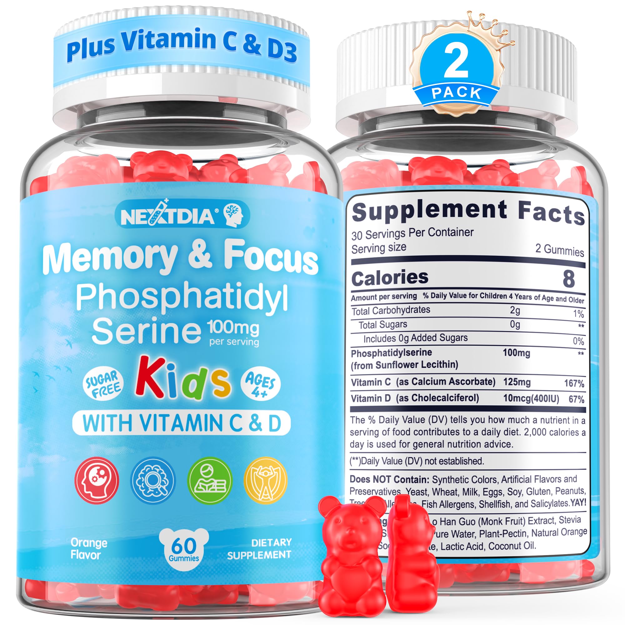 Nextdia phosphatidylserine supplement bottle front view, supports focus during study