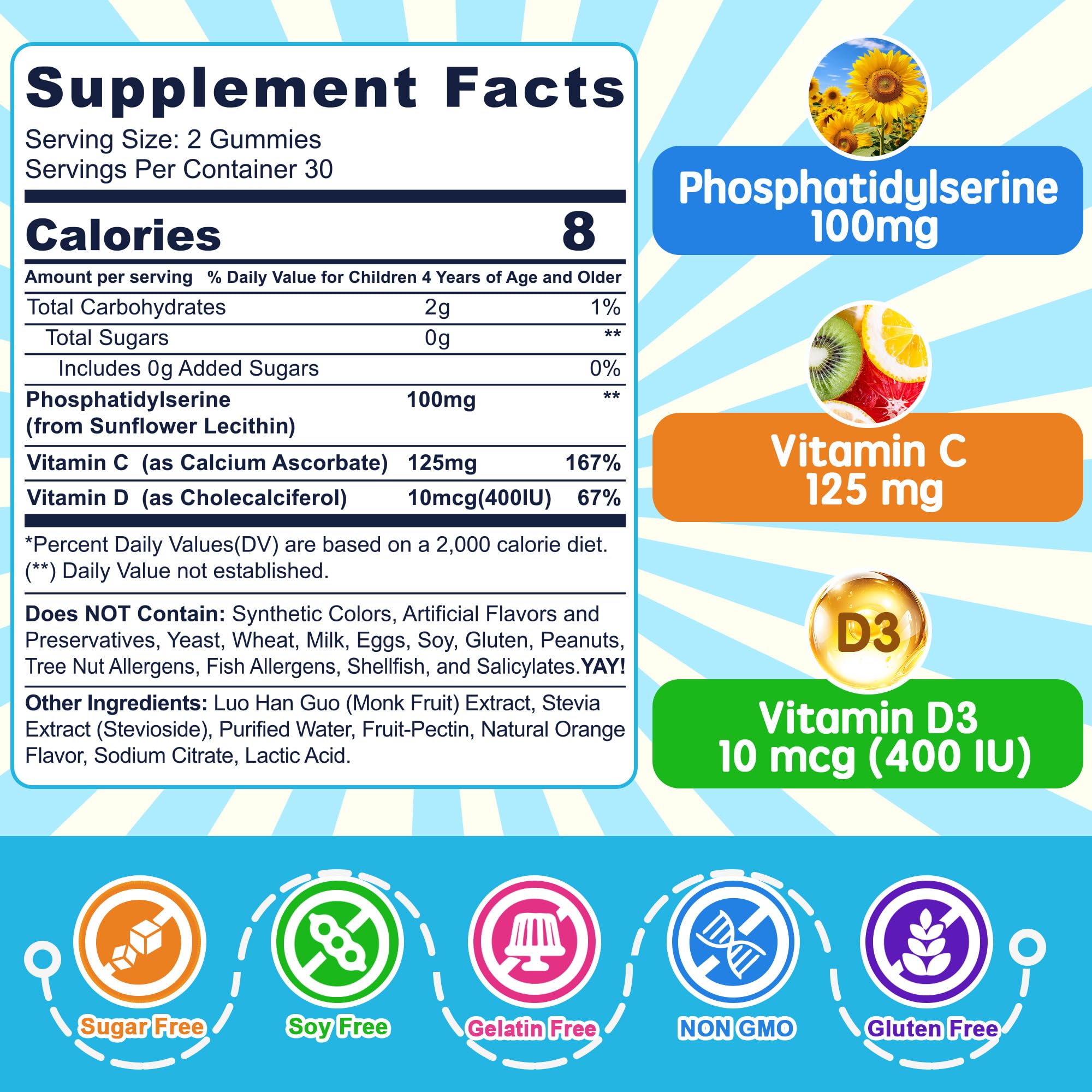 Nextdia phosphatidylserine gummies close-up, sugar-free brain support for kids