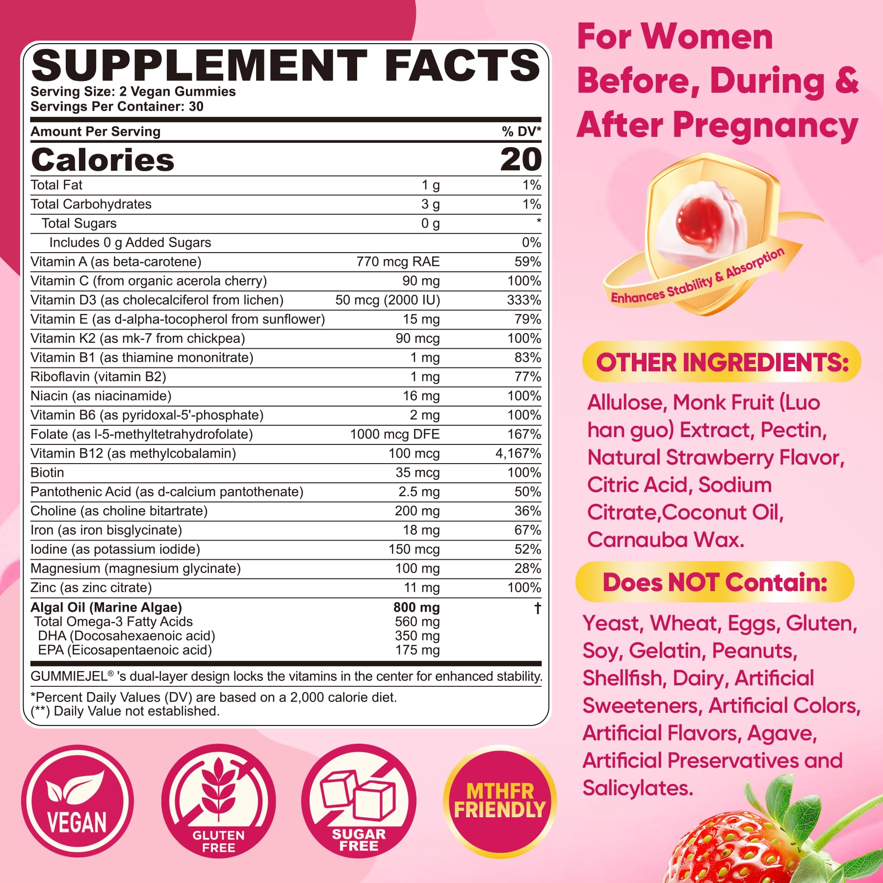 Nextdia prenatal gummies close-up highlighting vegan algae omega-3 DHA benefits