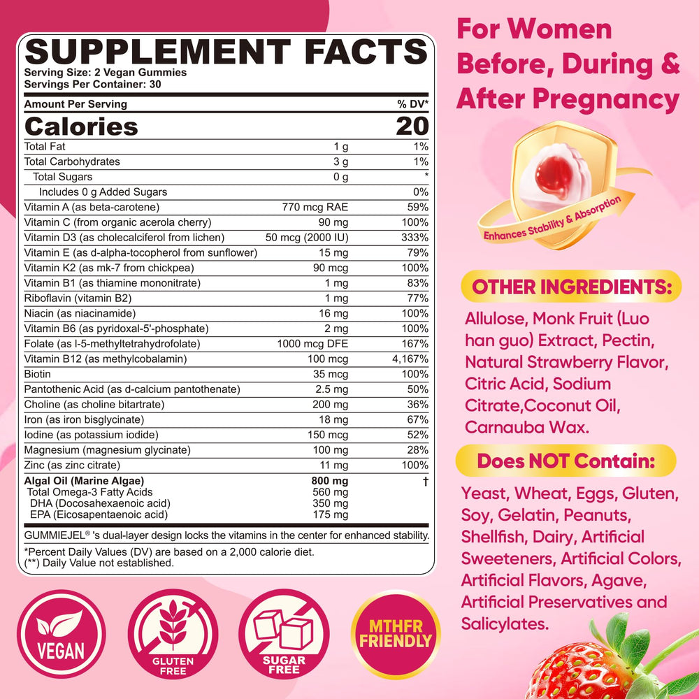 Nextdia prenatal gummies close-up highlighting vegan algae omega-3 DHA benefits