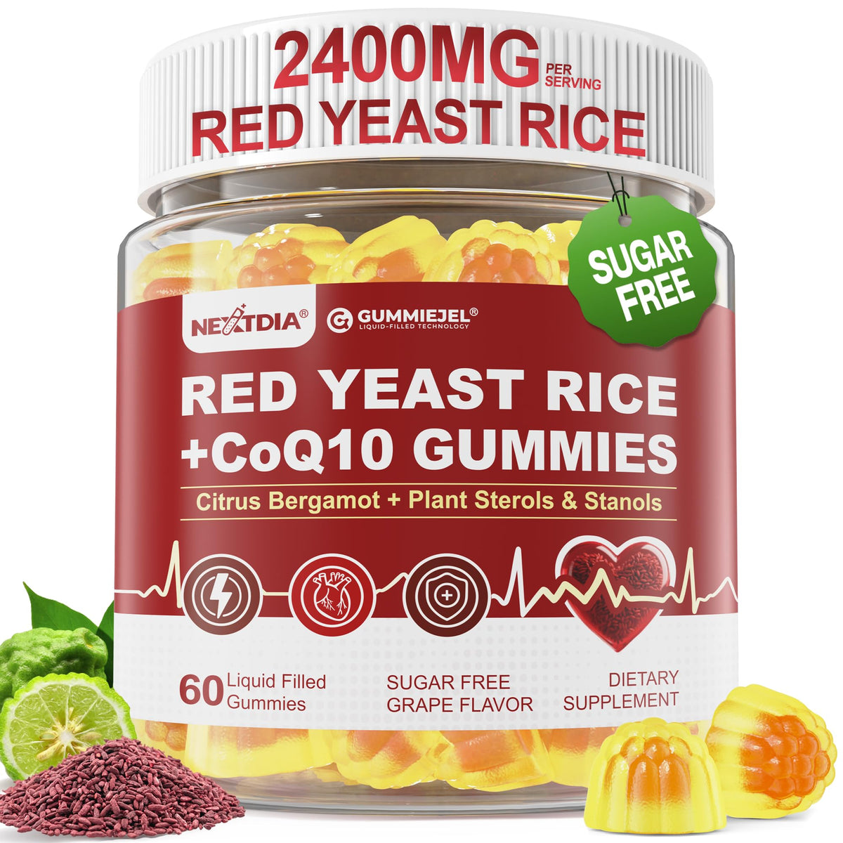 Nextdia red yeast rice gummies 2400mg bottle front for heart health support