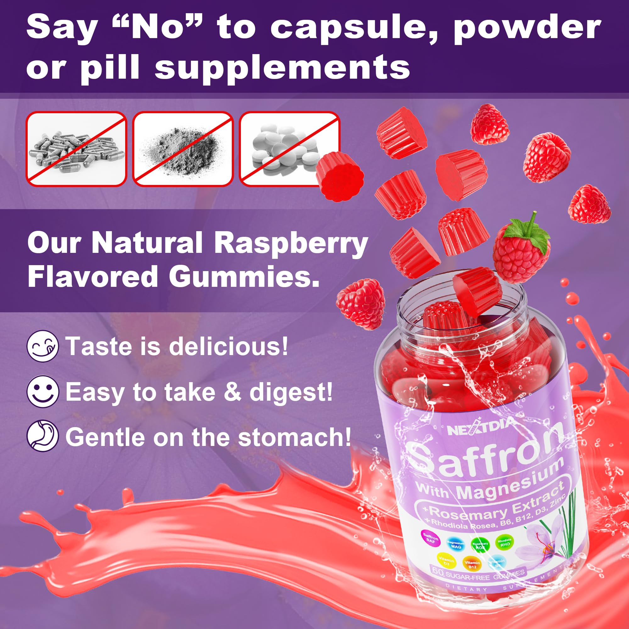 Nextdia saffron gummies label detail displays vegan and GMP quality