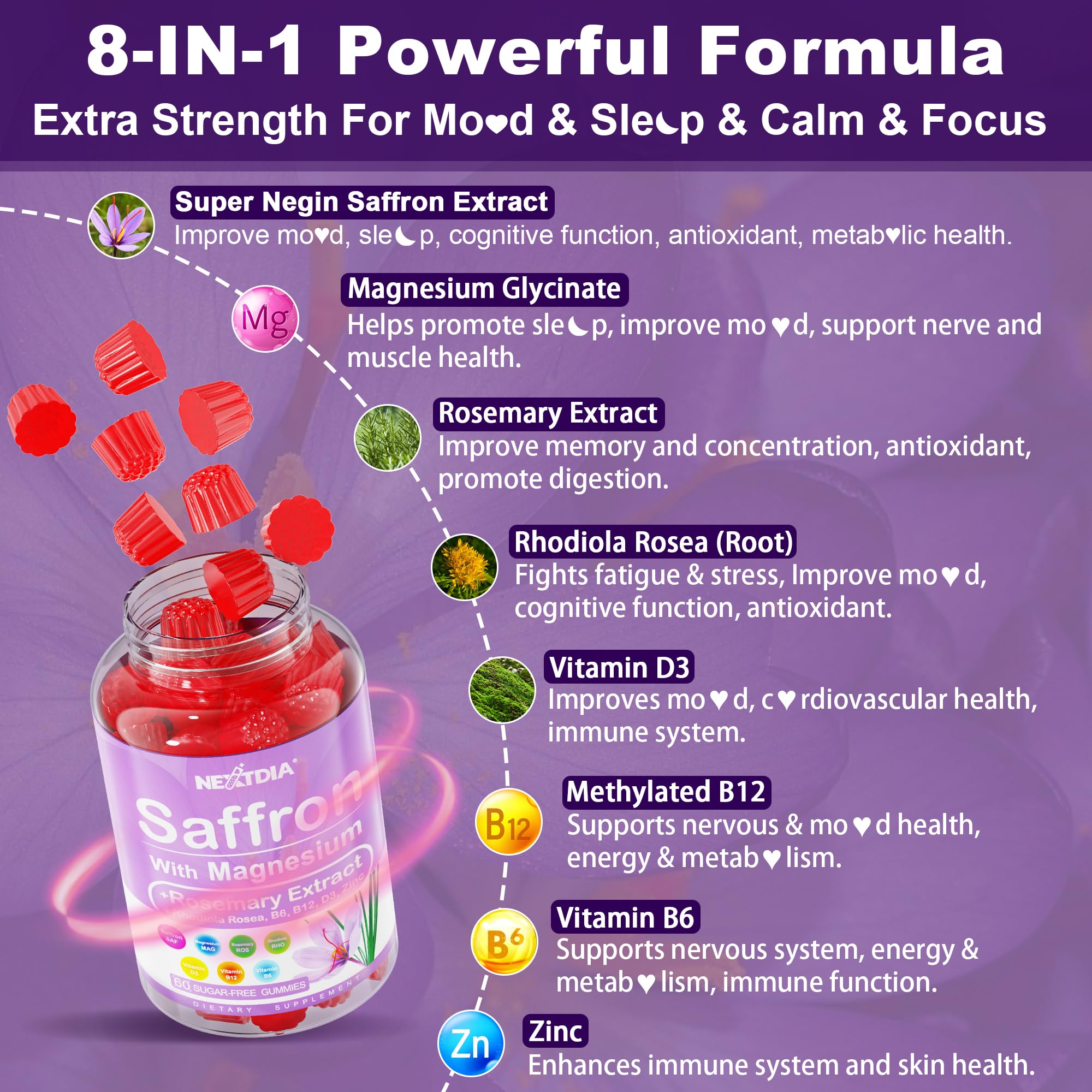 Nextdia saffron gummies raspberry flavor invites a sugar-free treat