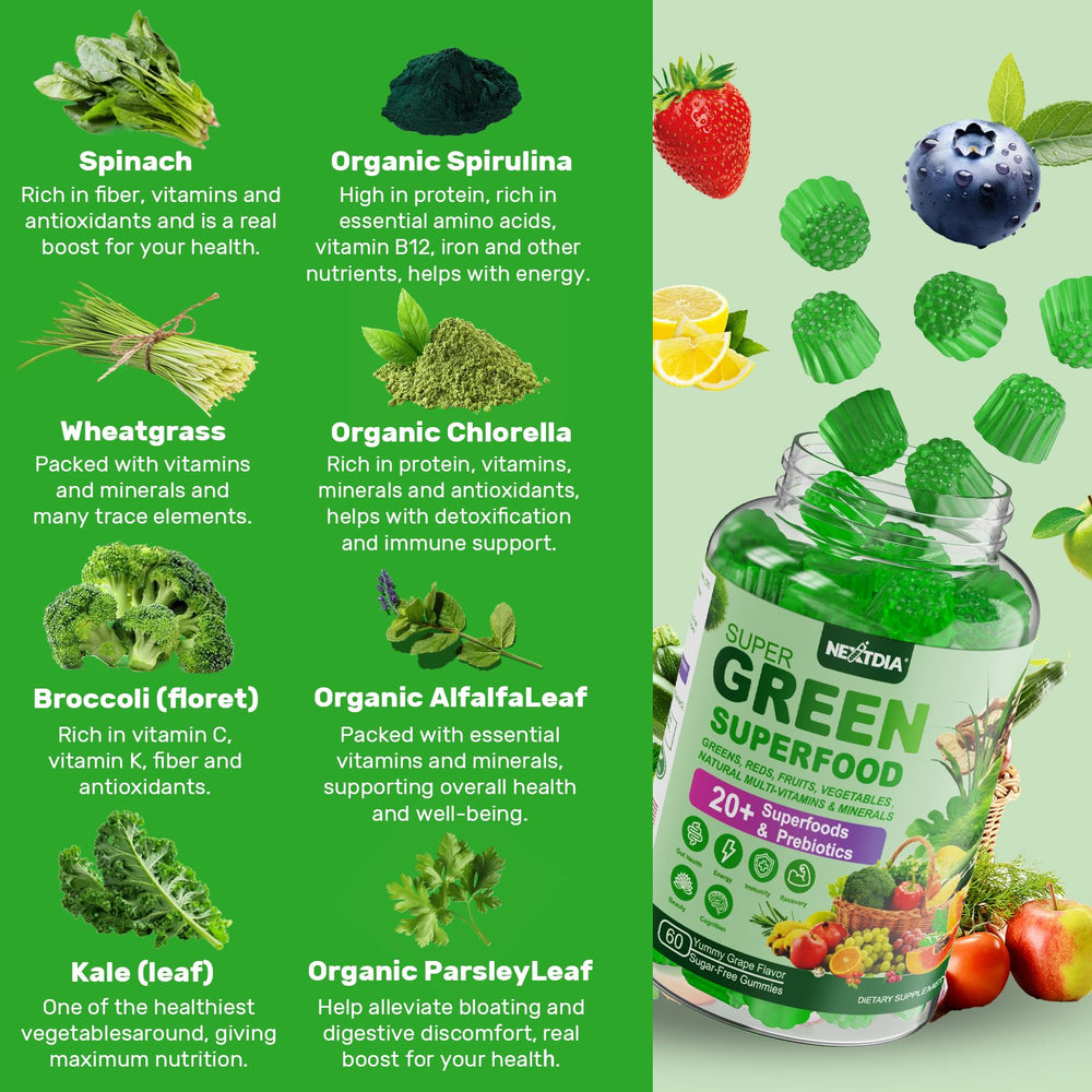 Nextdia Super Greens ingredients: spirulina and chlorella for natural vitality