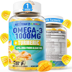 Nextdia Vegan Omega-3 Gummies bottle showcasing mango flavor and algae-based DHA for daily wellness.