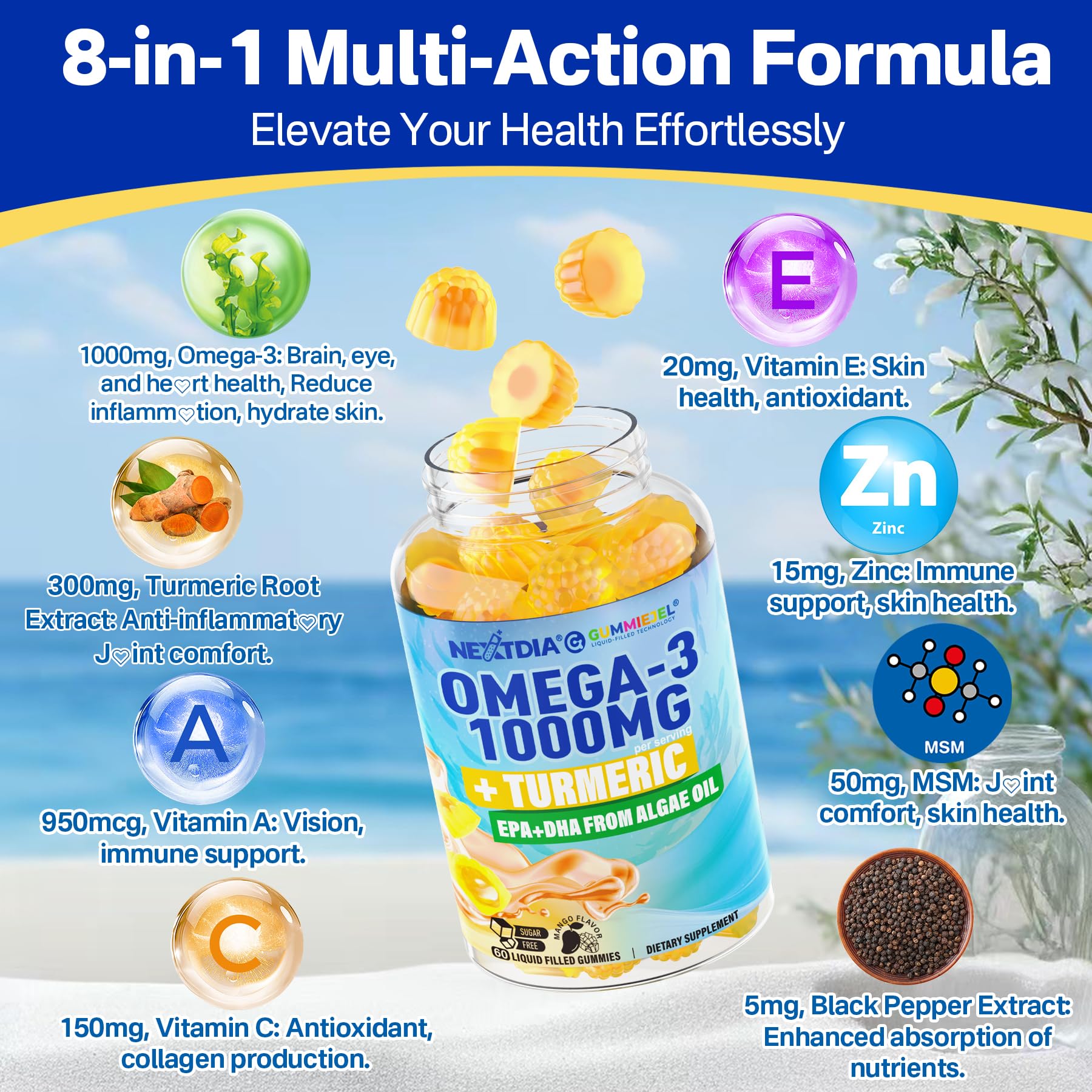 Nextdia Omega-3 Gummies label with vitamin icons A C E and zinc.