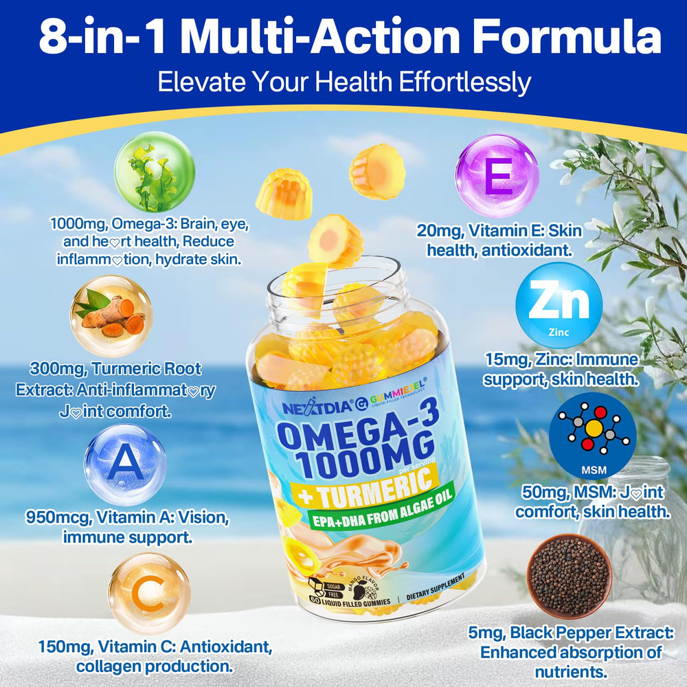 Nextdia Omega-3 Gummies label with vitamin icons A C E and zinc.