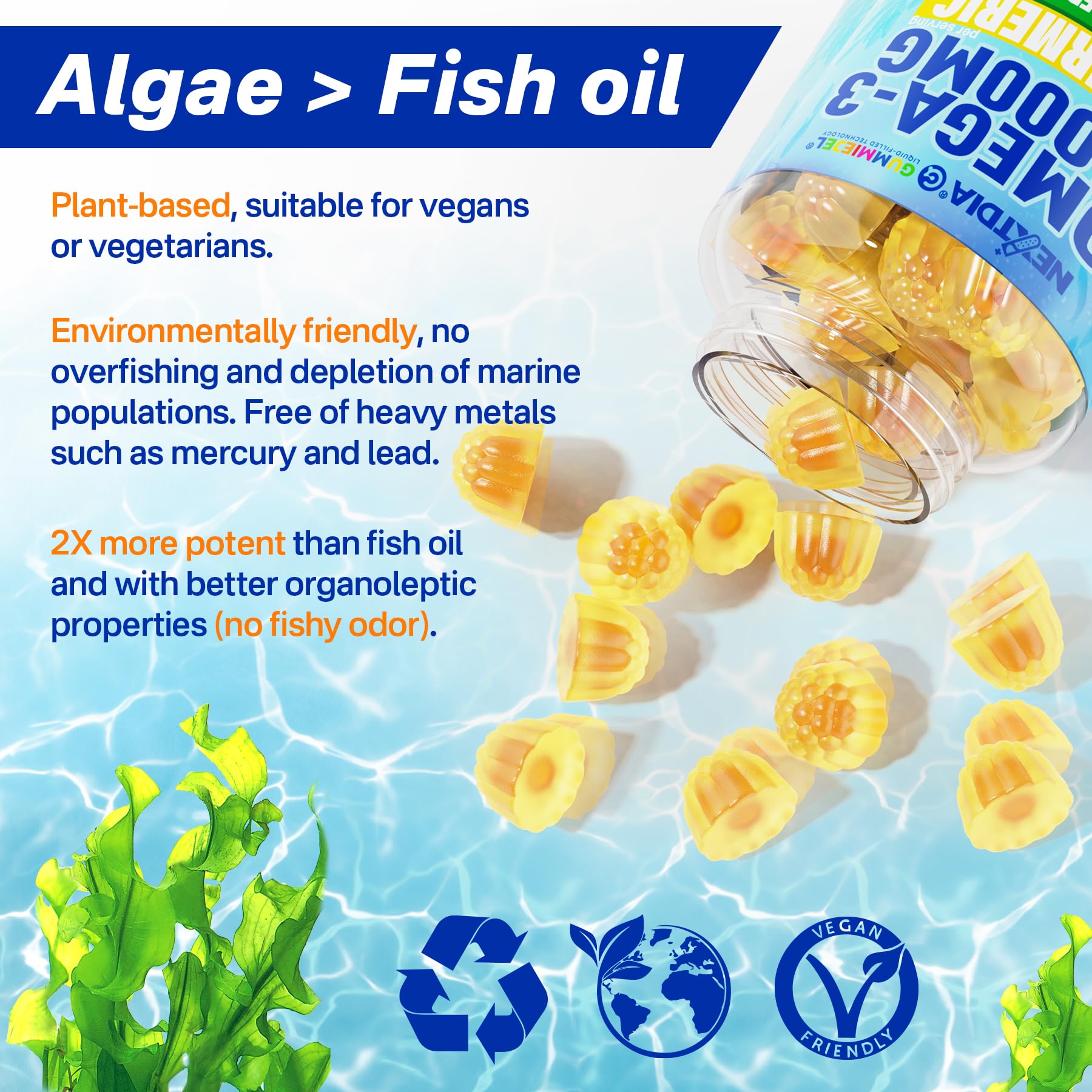 Nextdia Vegan Omega-3 Gummies packaging front highlighting mango flavor.