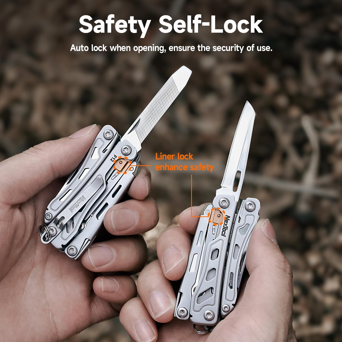 NexTool F12 pocket clip provides hands-free access on keys or bags.
