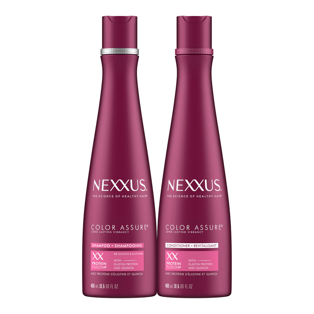 Nexxus Color Assure shampoo bottle highlighting color protection for vibrant color.
