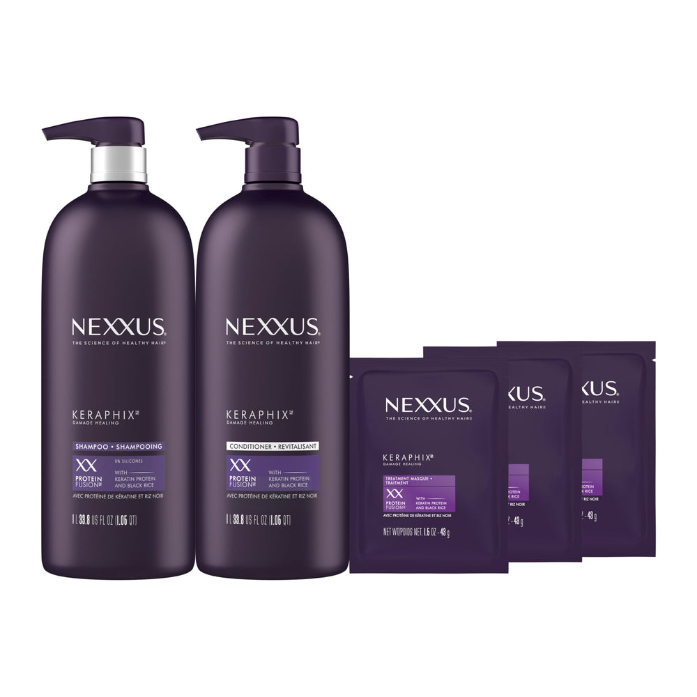 Nexxus Keraphix shampoo bottle for damaged hair nourishment.