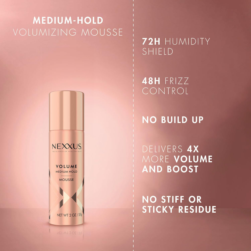 Nexxus Travel Mousse crunch-free volume application demonstrating flexible hold