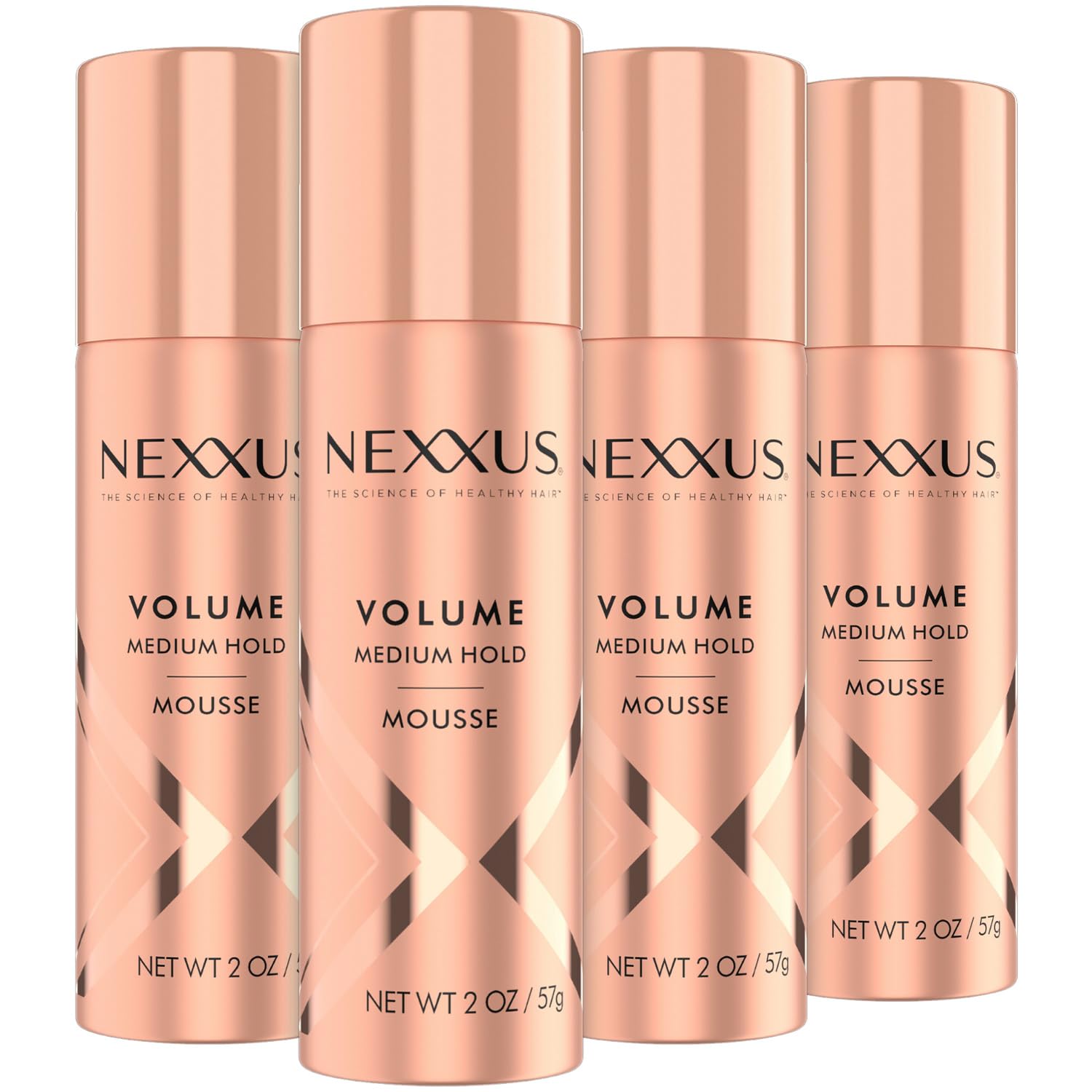 Nexxus Travel Mousse 4-pack bottle closeup highlighting volume boost without crunch
