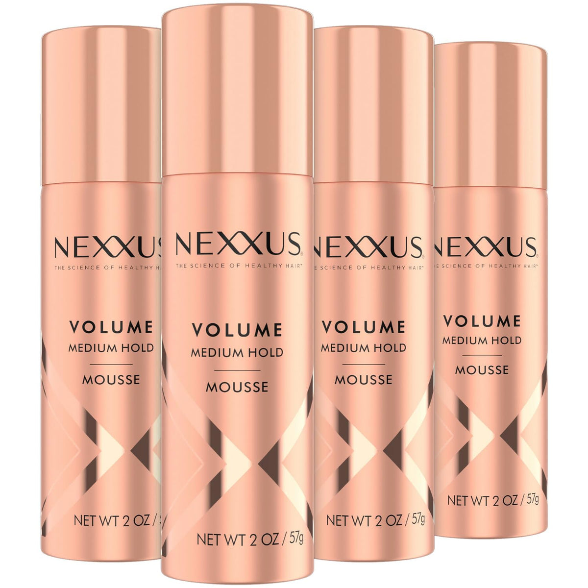 Nexxus Travel Mousse 4-pack bottle closeup highlighting volume boost without crunch