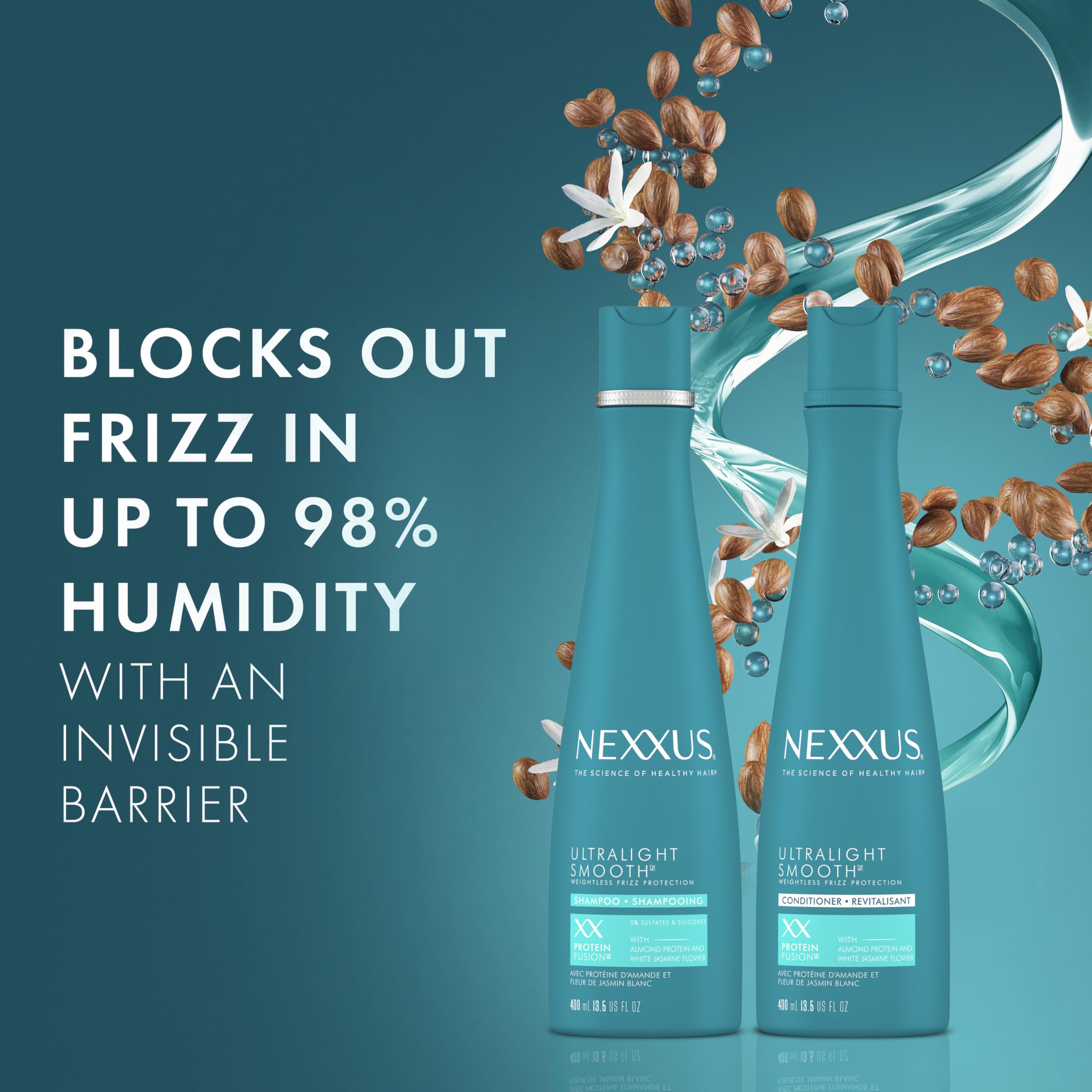 Nexxus Ultralight Smooth barrier visualization around hair strands to curb frizz