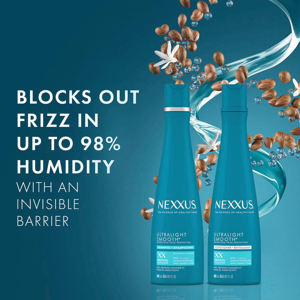 Nexxus Ultralight Smooth barrier visualization around hair strands to curb frizz