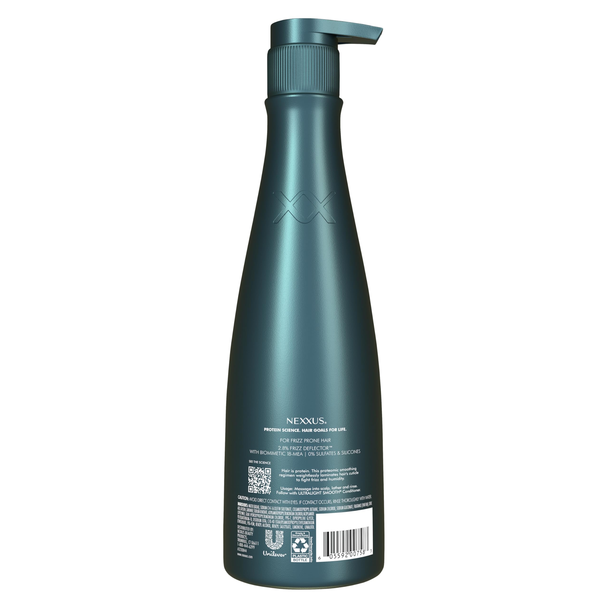 Nexxus Ultralight Smooth Shampoo bottle back highlights sulfate-free and silicone-free formula.