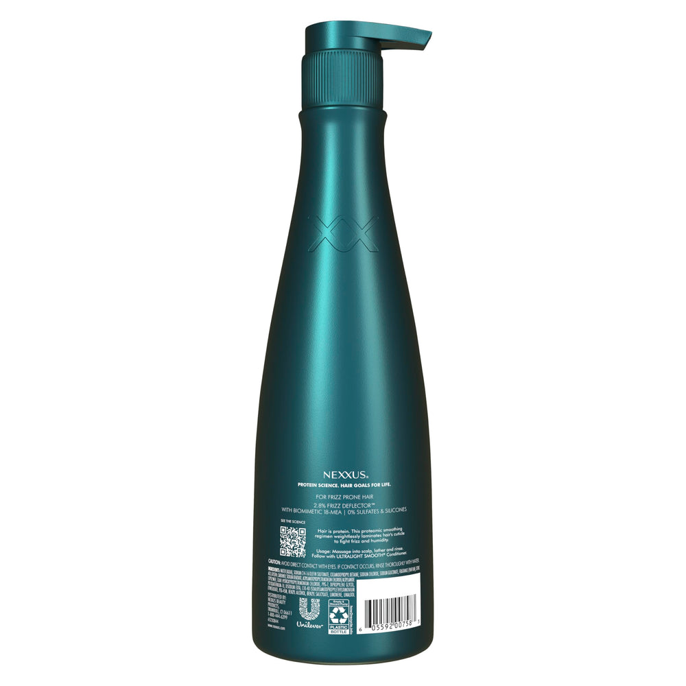 Nexxus Ultralight Smooth Shampoo bottle back highlights sulfate-free and silicone-free formula.