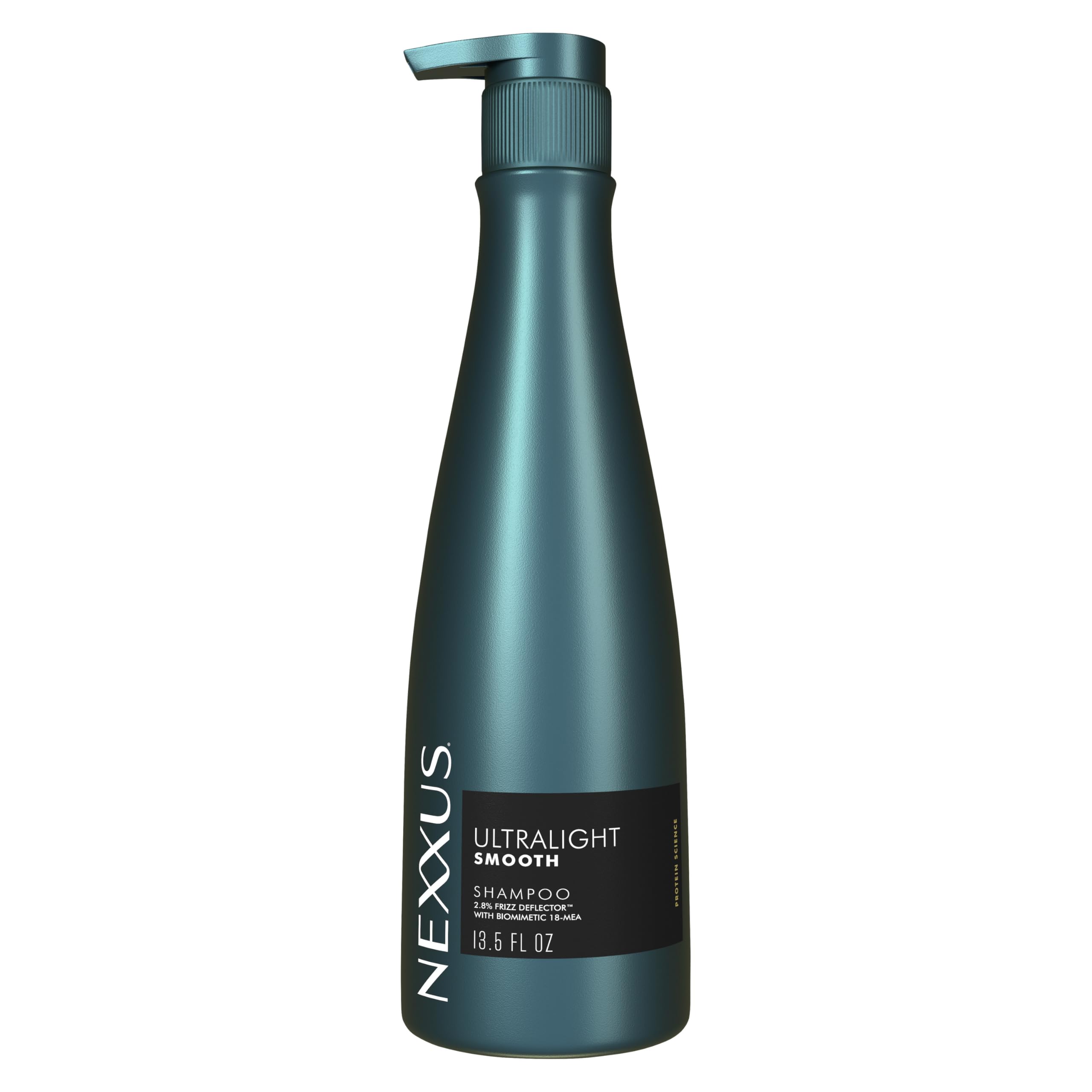 Nexxus Ultralight Smooth Shampoo bottle front showing the sleek design and frizz-deflecting claim.