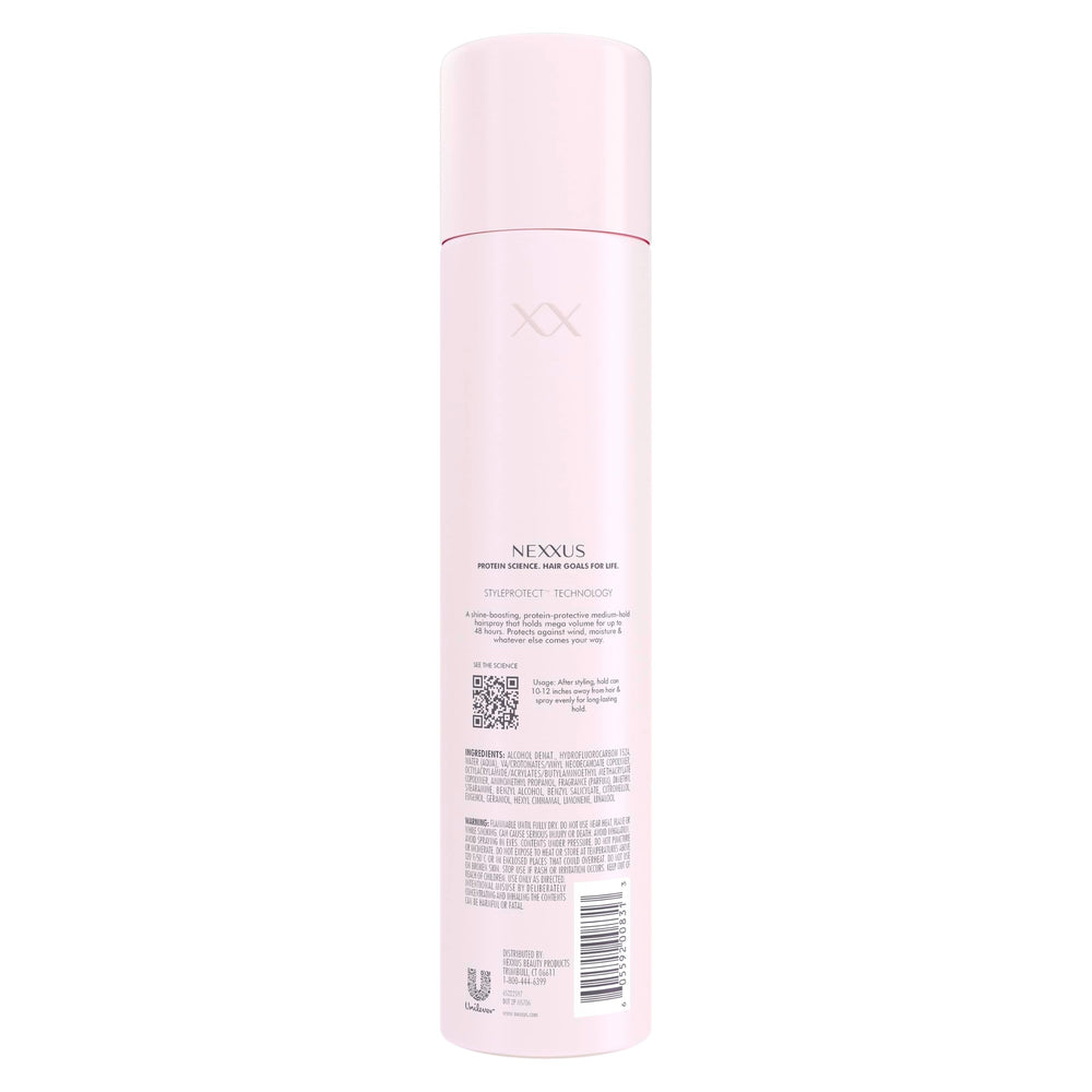 Close-up of Nexxus spray-dispense delivering an even mist for lasting hold.