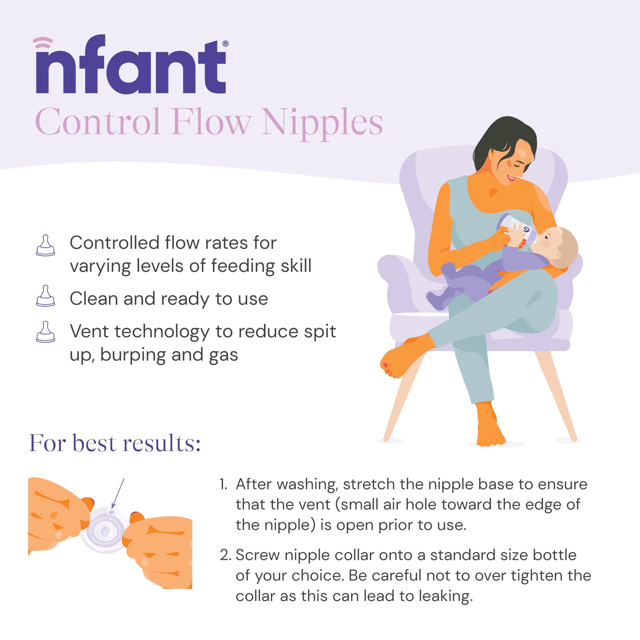 NFANT purple nipple 6ml/min in pack of four for convenient feeding options.