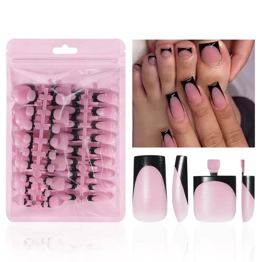 NHIXK black French-tip press-on nails, square full cover for chic, durable manicure.