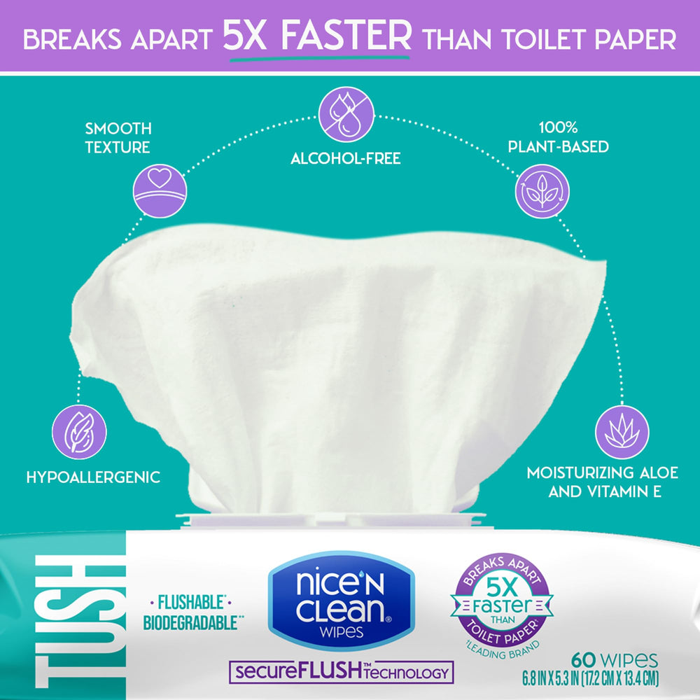 Nice ’N CLEAN SecureFLUSH 0% alcohol claim on packaging supports skin comfort.
