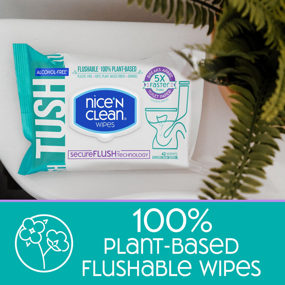 Nice ’N CLEAN SecureFLUSH unscented label highlighting skin-safe 0% alcohol formula.