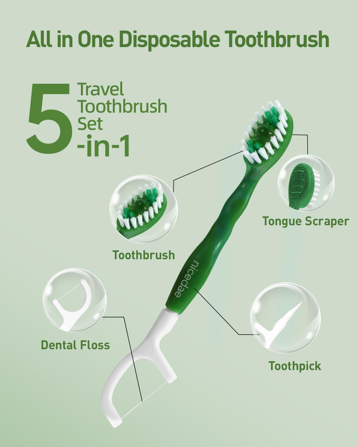 nicedae 5-in-1 travel toothbrush shows floss pick and tongue scraper.