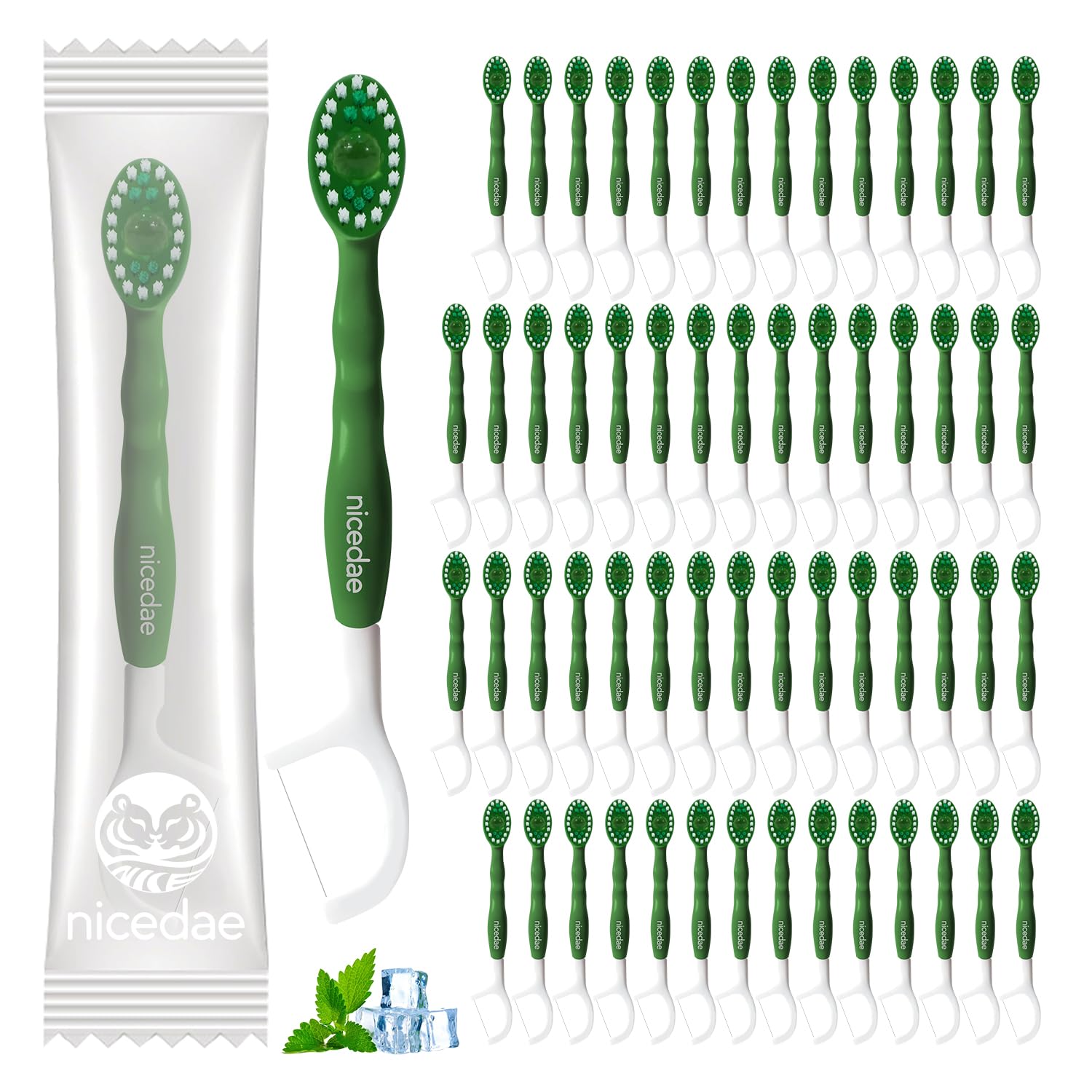 nicedae mini travel toothbrush with mint toothpaste in green packaging for on-the-go freshness.