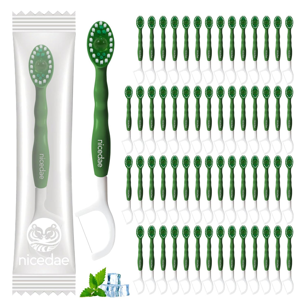 nicedae mini travel toothbrush with mint toothpaste in green packaging for on-the-go freshness.