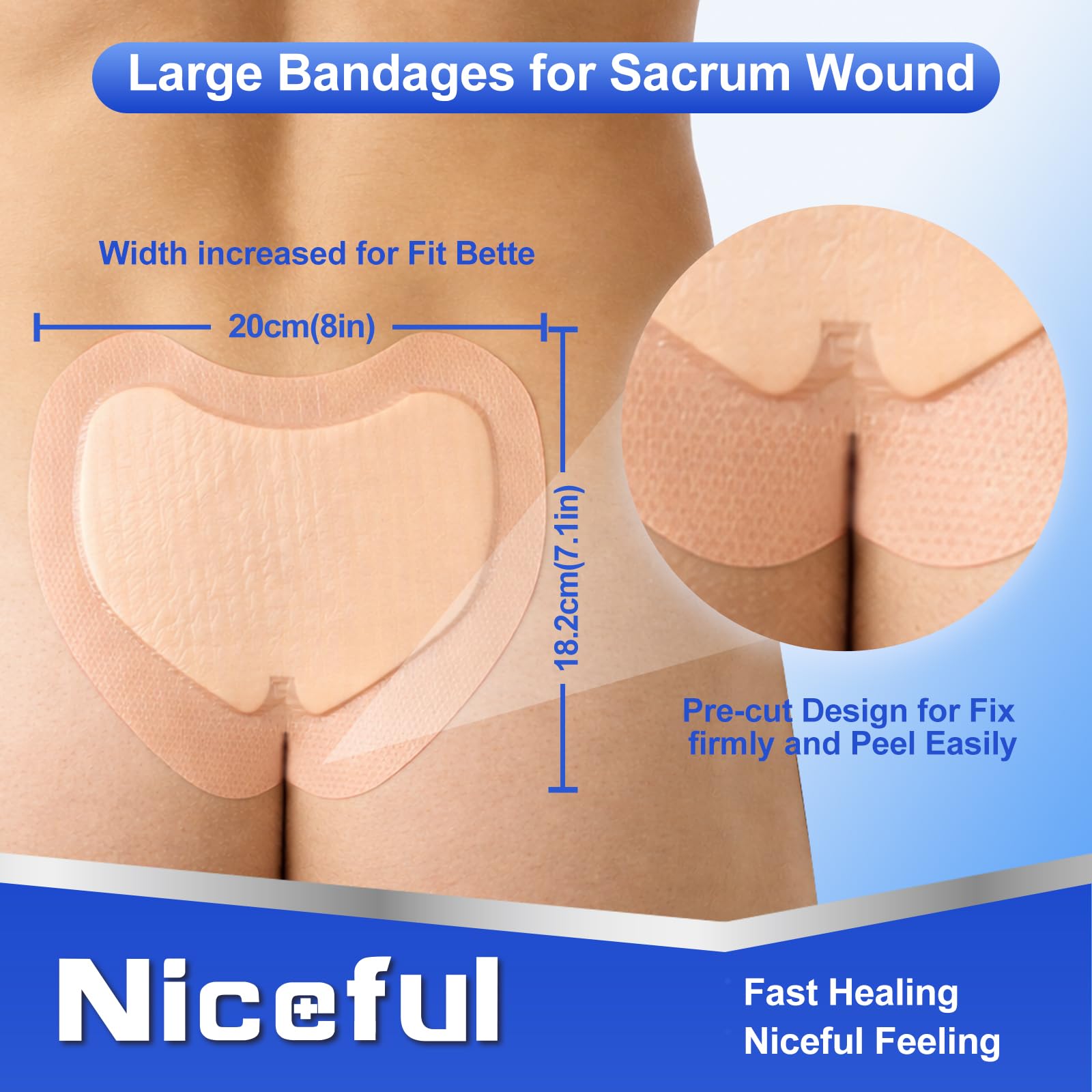 Niceful Sacral Foam Dressing adhesion around wound demonstrates seamless fit for reliable wear.