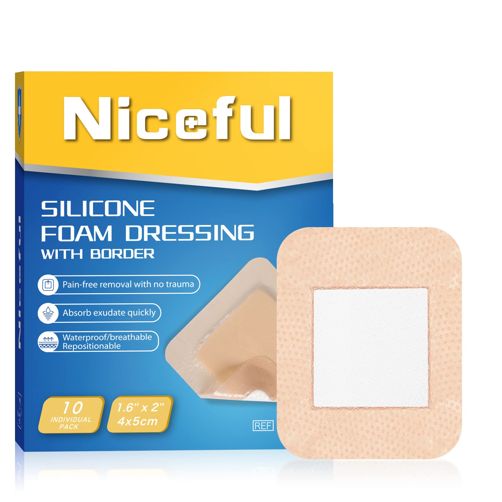 Niceful silicone foam dressing 1.6x2 inch pack showing ten-count box for gentle wound care