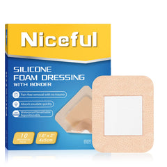 Niceful silicone foam dressing 1.6x2 inch pack showing ten-count box for gentle wound care