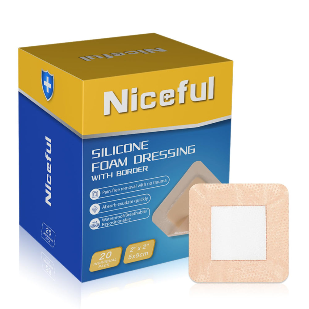 Niceful silicone foam dressing border 2x2 inch on skin for secure coverage