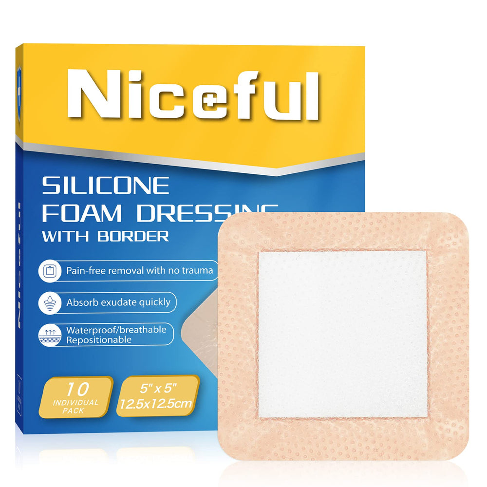 Niceful silicone foam dressing with bordered adhesive in box, gentle protection for skin.