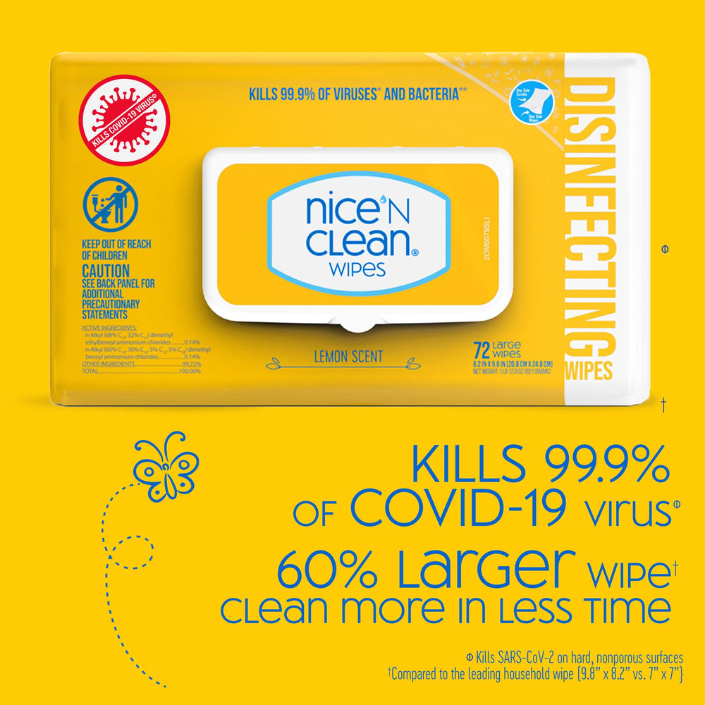 Nice 'N Clean wipes on kitchen surfaces for fast sanitation