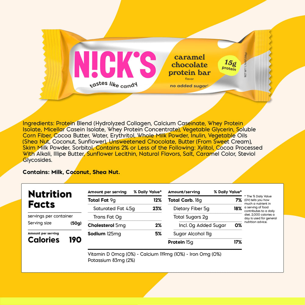 Close-up of Nick’s bar reveals gooey caramel and chocolate shell with low-carb appeal.